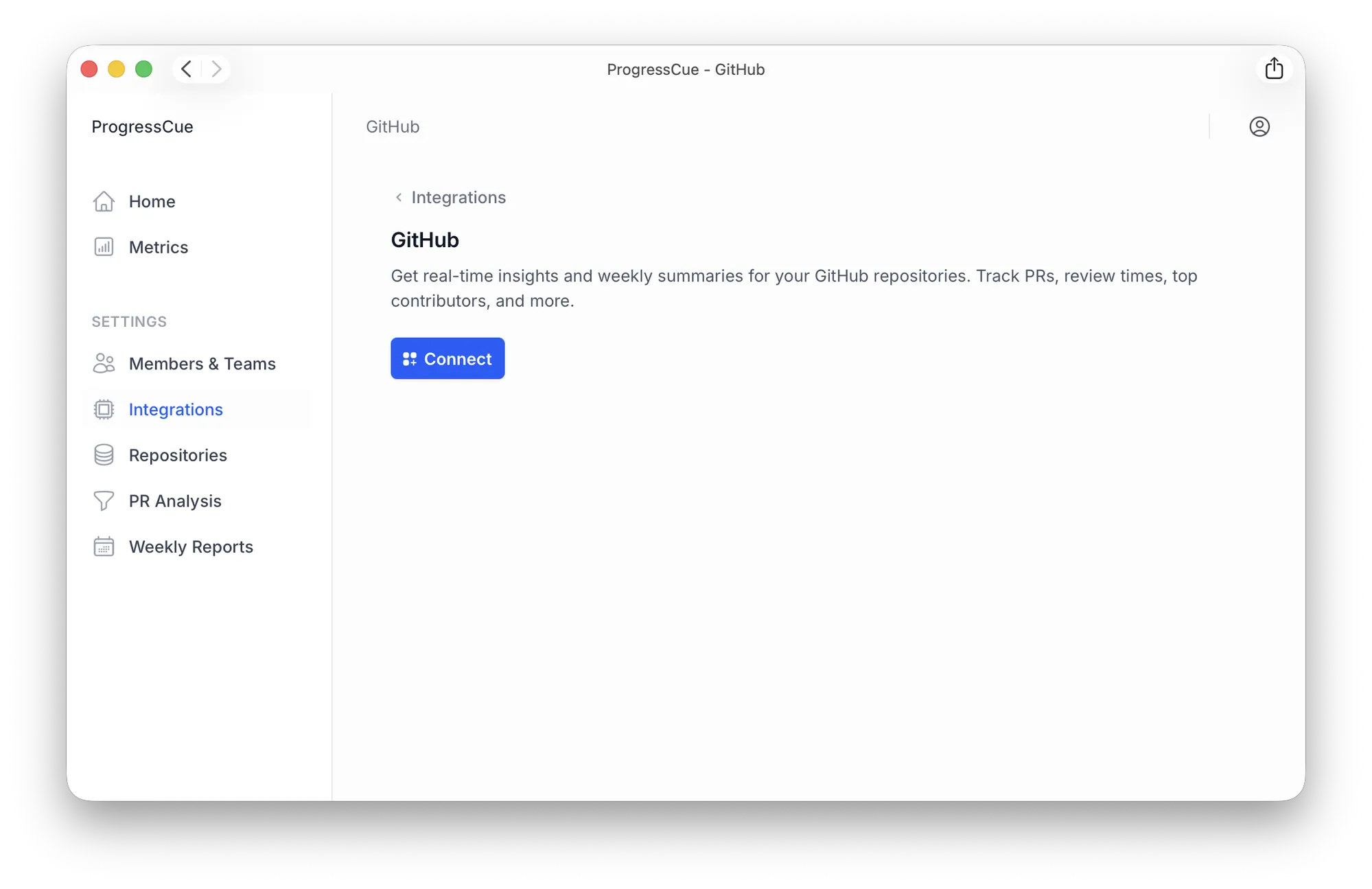 Integrations page with Connect button