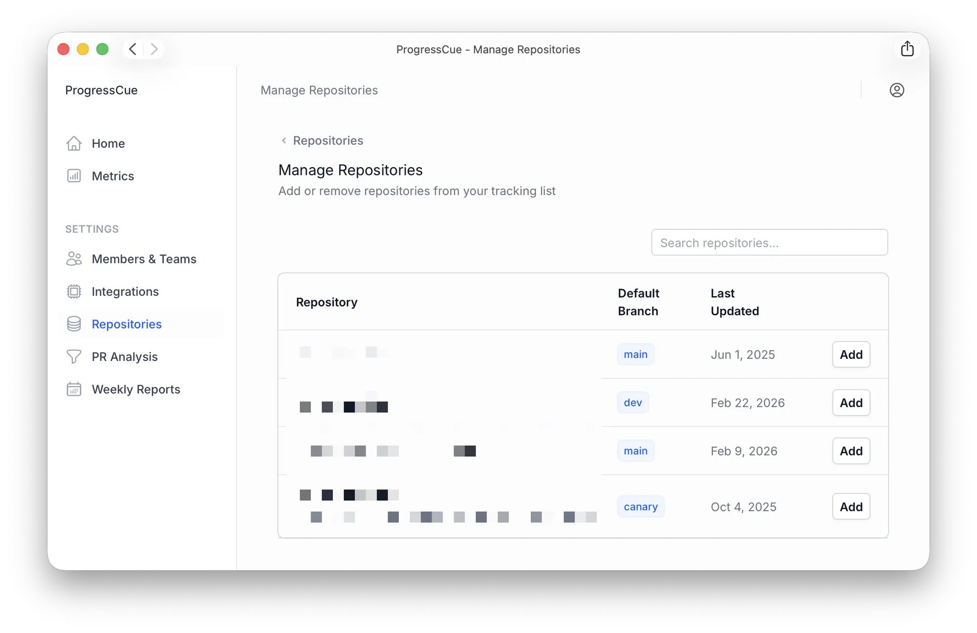 Manage Repositories page